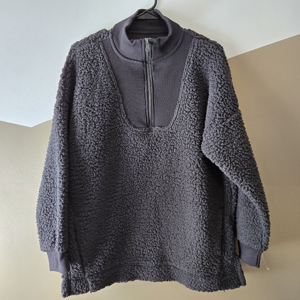 Aerie Women's Dark Gray Oversize Sherpa 1/4 Zip Sweater With Pockets Size Small